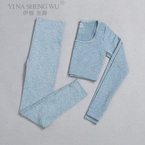 Seamless Yoga Set Women Two 2 Piece Long Sleeve Crop Tops T-Shirt Leggings Sportsuit Workout Outfit Clothes Gym Wear Sport Sets