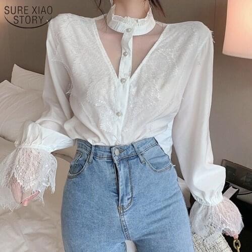 Blusas 2021 Loose Mesh Blouse Fashion Women Korean Style Lantern Long Sleeve Lace Shirt Lace Stitching Blouse Female Elegant