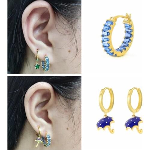 CANNER 2021 Trend Blue Bling CZ Zircon Hoop Ear rings For Girl Women Geometric Stars Huggie pendientes plata 925 Fine Jewelry