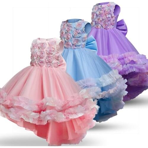 Elegant Flower Girls Dress Lace Appliques Kids Dresses for Girls Big Bow Wedding Evening Clothes Formal Party Princess Dress