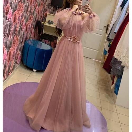 Elegant Pink Dubai Prom Dresses 2019 Tulle Arabic Evening Gowns Ruffle Illusion Long Sleeves Formal Women Formal Party Gown