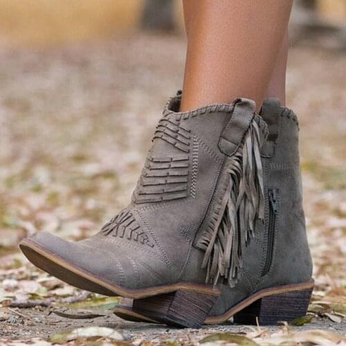 Femmes Bottes Classic Runway Tassel Western Cowboy Boots for Women Leather Cowgirl Ankle Boots Low Heels Shoes Winter Botas