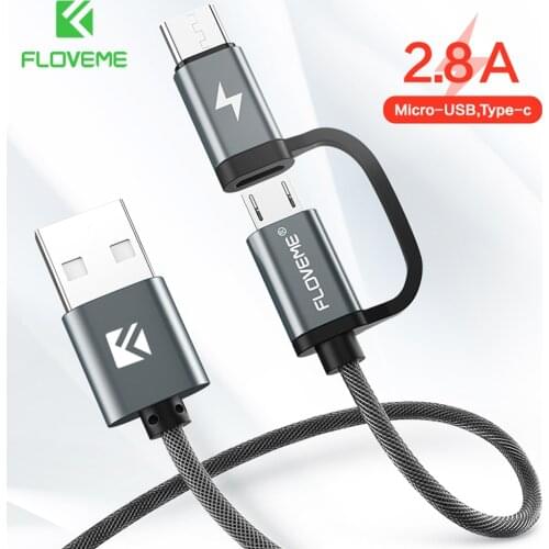 FLOVEME 2 in 1 Mirco USB + Type C USB Cable 2.8A Fast Charger for Redmi Note 8 Pro QC 3.0 USB-C Android Mobile Phone Cable Cabo