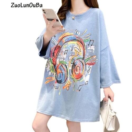 ZuoLunOuBa Summer Creative Women T Shirt Abstract Headphone Print Harajuku Lace Decoration Loose Short Sleeve Blue Tees Tops
