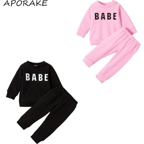 2021 0-4Y Autumn Kids Boys GIrls Tracksuit BABE Letter Print Long Sleeve Sweatshirt+Solid Color Pants Spring Autumn Clothin Set