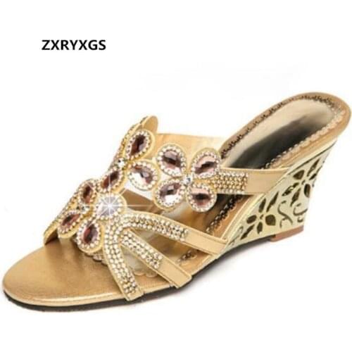 2020 New Rhinestone Sheepskin Summer Women Sandals Fashion Shoes Wedges Sandals High Heels Real Leather Sandals Women Slippers