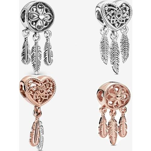 New style 925 Sterling Silver Heart & Three Feathers Dreamcatcher Charm Fit Pandora Bracelet Necklace Charm Baed DIY jewelry