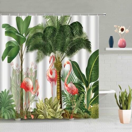 Refreshing Summer Tropical Plant Flamingo Background Bathroom Accessories Partition Screen Waterproof Polyester Fabric With Hook