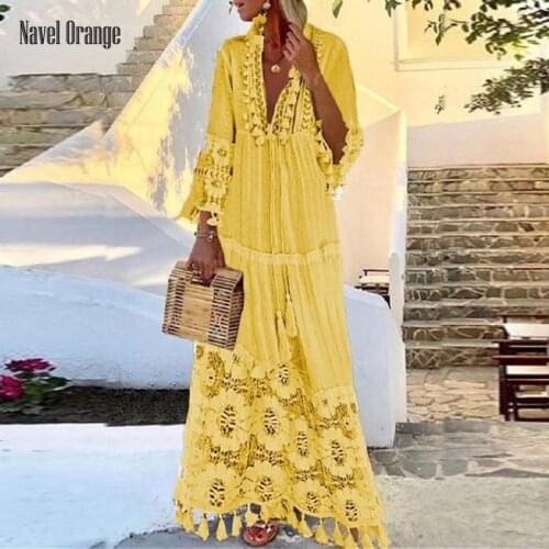 Summer Women Deep V-neck Hollow Out Loose Floor-Length Dress Tie Tassel Casual Dress Lady Vintage Patchwork Bohemian Maxi Dress