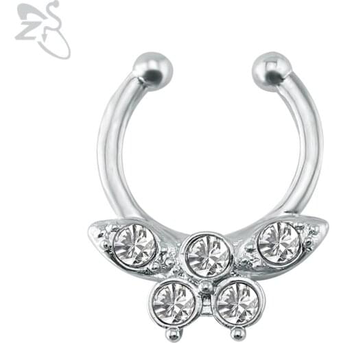 ZS Butterfly Crystal Fake Nose Ring Piercing Septum Falso Stainless Steel Fake Septum Falso Nariz Pircing Nariz