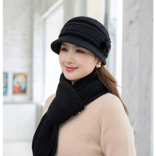 Middle Aged Rabbit Hair Hat Elderly Knitted Wool Cap Lady Winter Mother Grandma Thickening Warmth Wool Hat Scarf