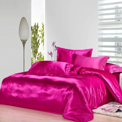 Hot pink Natural mulberry Silk Bedding set King size queen full twin Luxury Rose Red duvet cover bed sheet wedding