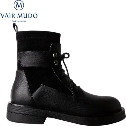 VAIR MUDO Ankle Martin Boots Elegant Fashion Thick Bottom Black Concise Solid Footwear Shoe Women Genuine Leather Round Toe DX2L