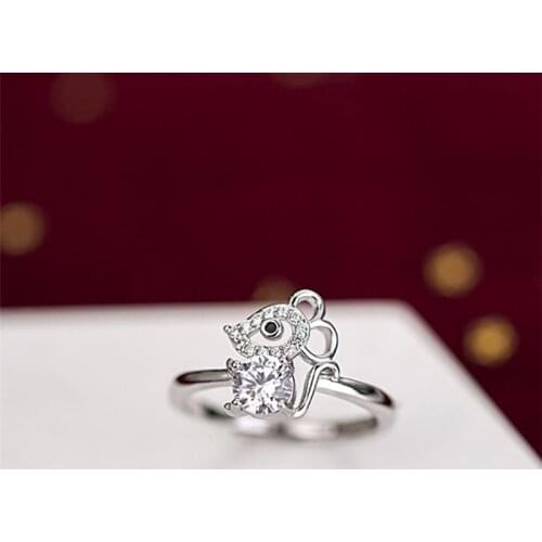 Sole Memory 2020 Rat Year Zodiac Sign Mouse Crystal Zircon 925 Sterling Silver Female Resizable Opening Rings SRI504