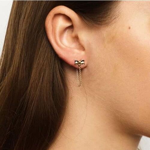 Delicate 100% 925 Sterling silver cute lovely bowknot charm long tassel chain earrings for Women girl party Jewelry wholesale