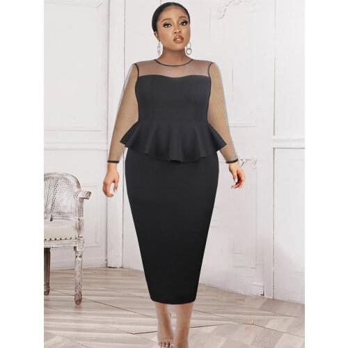 Women Bodycon Dresses See Through Long Sleeves Black Mesh Dot Ladies Ruffles Bodycon Plus Size Robes 4XL Summer Birthday Party