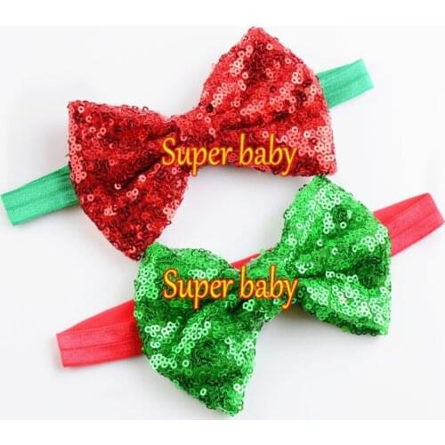 10pcs /lot Cheap kids hair accessories Christmas sequin fabric large 12cm bow elastic headband-bowknot headwraps for holiday