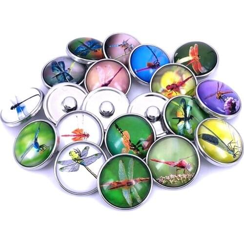20pcs/lot 18mm 20mm Dragonfly Pattern Glass Cabochon Snap Buttons for DIY Bracelet Necklace Glass Charms Findings N009