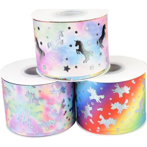 50yards 75mm Iridescence Silver Foil Unicorn licorne Grosgrain Ribbon For DIY Accessories Welcome Custom printed