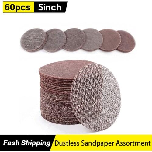 60PCS 5Inch Sanding Discs 80 100 120 180 240 320 Grit Mesh Abrasive Dustless Sandpaper Assortment for Car Woodworking - Hook