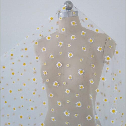 White-Yellow Daisy Tulle Fabric Daisy Lace Fabric Embroidered Lace Fabric Baby Dress Fabric 59" Width By The Yard
