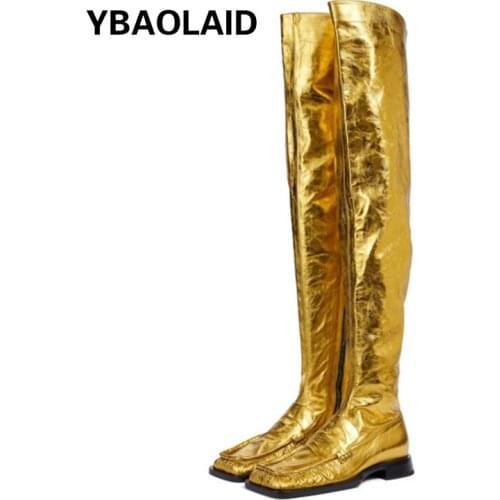 Leather Square Toe Stretch Over The Knee Gold Combat Boots Fold Side Zipper Fashion High Boots Slimming Mid-heel Knight Boots