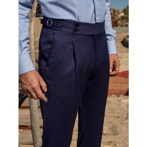 Italian Style Tailor Made Pants Tailored Trousers Slim Fit Super 110 Wool Dress Pants Light Navy Large Extended Tab Single Pleat