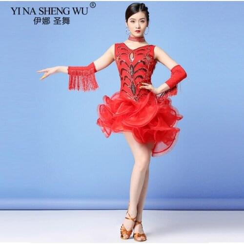 Black Women Latin Dance Clothes Salsa Samba Sleeveless Sequin Dress V-neck Latin Dance Performance 3pcs Set With Gloves Necklace