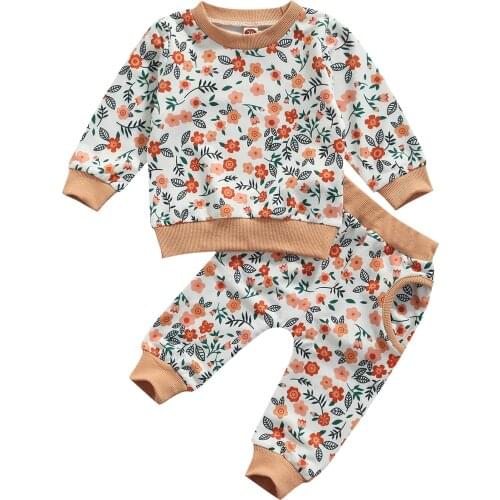 0-24M Newborn Baby Girls Boys 2pcs Clothes Sets Flowers Printed Pullover Sweatshirt Tops Long Pants