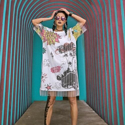 Hip Hop Costume Loose White Mesh Short Sleeve Dress Women Street Dancing Outfits Jazz Clothes Lady Modern Stage Show Wear DT892