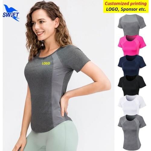 2021 Breathable Mesh Patchwork Short Sleeve Running Shirts Women Quick Dry Elastic Yoga Tops Gym Fitness Sportswear Customized