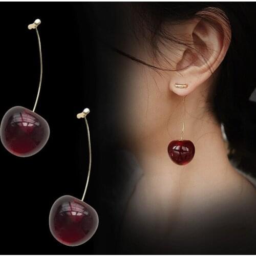 Cute Simulation Red Cherry Sweet Resin Hot Sale Gold Color High Quality For Women Girl Student Fruit 1Pair Earring Gift