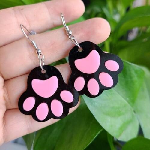 Cute Pink Color Cat Claw Meat Pad Drop Earrings For Women Lovely Black White Cat Paw Acrylic Dangle Earrings Novelty Jewelry