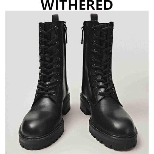 Withered england vintage fashion cowhide High top Martin boots Motorcycle ankle boots women zippers botas mujer shoes