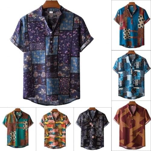 Soft Hawaiian Shirt Wear-resistant Printing Turn-down Collar Cotton Blend Short Sleeve Top T-shirt Comfortable to Wear for Men