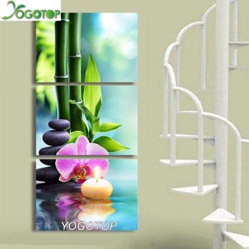 Full drilling Diy 5d Diamond Painting Bamboo stones candle orchid Pattern Diamond Embroidery round 3 pcs home decor ML1374