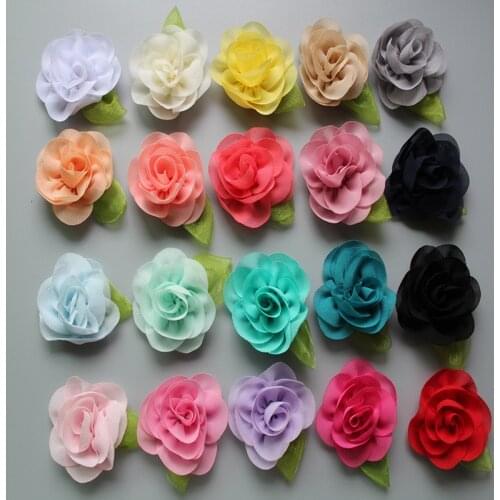 Wholesale 30colors Korean Hair Accessory chiffon rose Flower With Leaf for Hair Clip Hair Barrettes 300pcs/lot Freeshipping