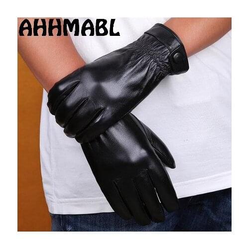 Winter Men Genuine Leather Gloves Touch Screen High Quality Solid Black Real Sheepskin Driving Glove Button Fashion G590