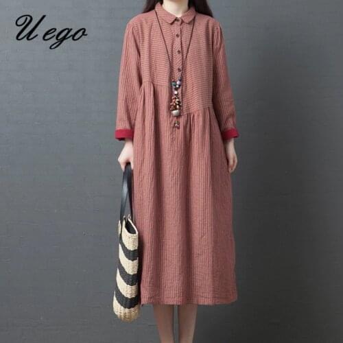 Uego 2021 New Arrival Fashion Striped Blouse Dress Linen Cotton Long Sleeve Vintage Spring Dress Women Casual Autumn Midi Dress