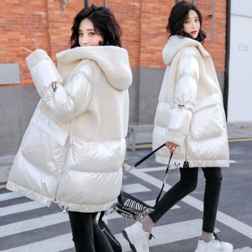 Thick Lamb Wool Stitching Shiny Cotton Coat Mid-Length Womens 2020 New Winter Padded Clothing Down Cotton Coat Female Loose B2