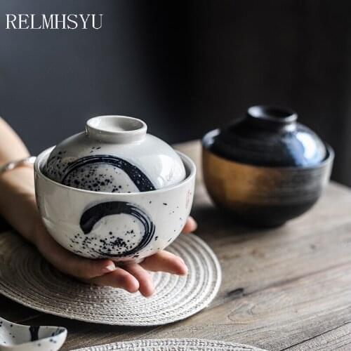 RELMHSYU Japanese Style Small Bowl With Lid Ceramic Steamed Egg Dessert Soup Dinner Bowl Tableware