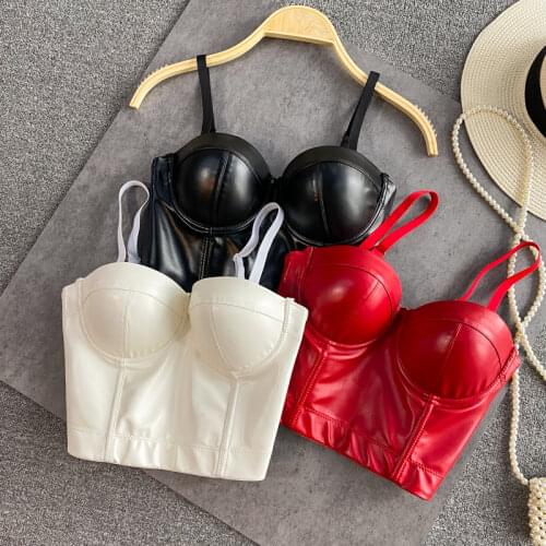 Soft PU Tube Leather Top Bodycon Sexy Womens Camisoles Fishing Bone Sling Female Crop Tops Nightclub Solid Backless Camis