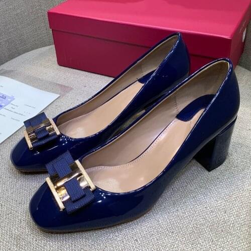 Genuine Leather Shoes Women Butterfly-knot Round Toe Slip-On Square High Heels ,Size 34-40, 5 Colors