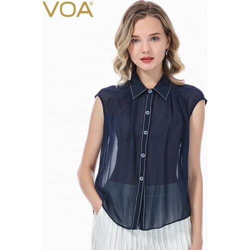 VOA Silk 12m/m Blue Giorgio Bag Shoulder Sleeve White Arch Needle Single-breasted Thin Micro-transparent Shirt BE23