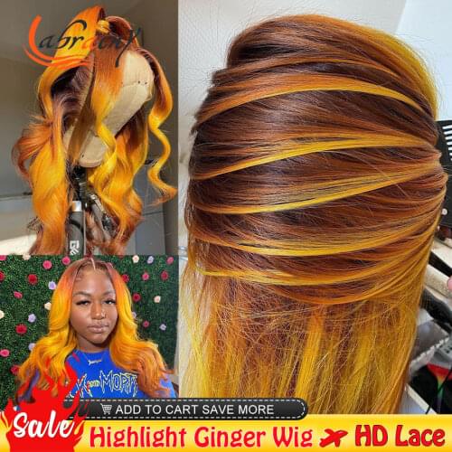Highlight Ginger 13x6 Closure Lace Front Wigs Ombre Orange HD Lace Frontal Human Hair Wigs Pre Plucked Baby Hair Wig Body Wave