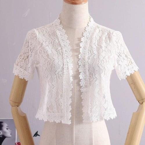 2021 Women Summer White Black Short Sleeve Shrug Bolero Lace Bridal Cape Jacket Elegant Wraps Beach Shawl Bridal Bolero