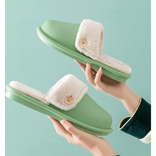 Female And Male Waterproof Cotton Slippers Females Winter Warm Household Non-Slip Indoor Button Solid Color Plush Slipper