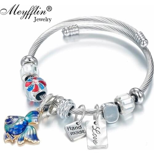 Meyfflin Silver Cuff Bracelets for Women Trendy Goldfish Charm Bracelet & Bangle Crystal Beaded Pulseras Fashion Jewelry 2021