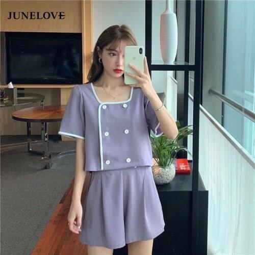 JuneLove Women Office Lady Suits Vintage Short Sleeve Summer Double-breasted Blouse+High Elastic Wasit Loose Shorts 2 Pieces Set