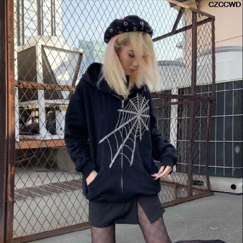 Zipper Hooded Sweater Diamond Cardigan Rhinestone Spider Web Loose Jacket Women Korean Goth Fashion Coats Sexy Black Veste Za